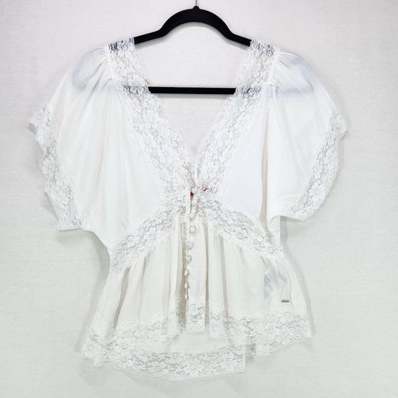 Guess Tops - Guess Off Shoulder  Blouse Medium White Lace Cropped Sheer Bohemian Women's